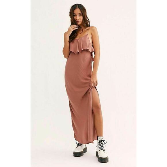 NWT Free People Hadley Satin Ruffle Maxi Slip Dress Small Cocoa Brown Silky - Picture 3 of 11